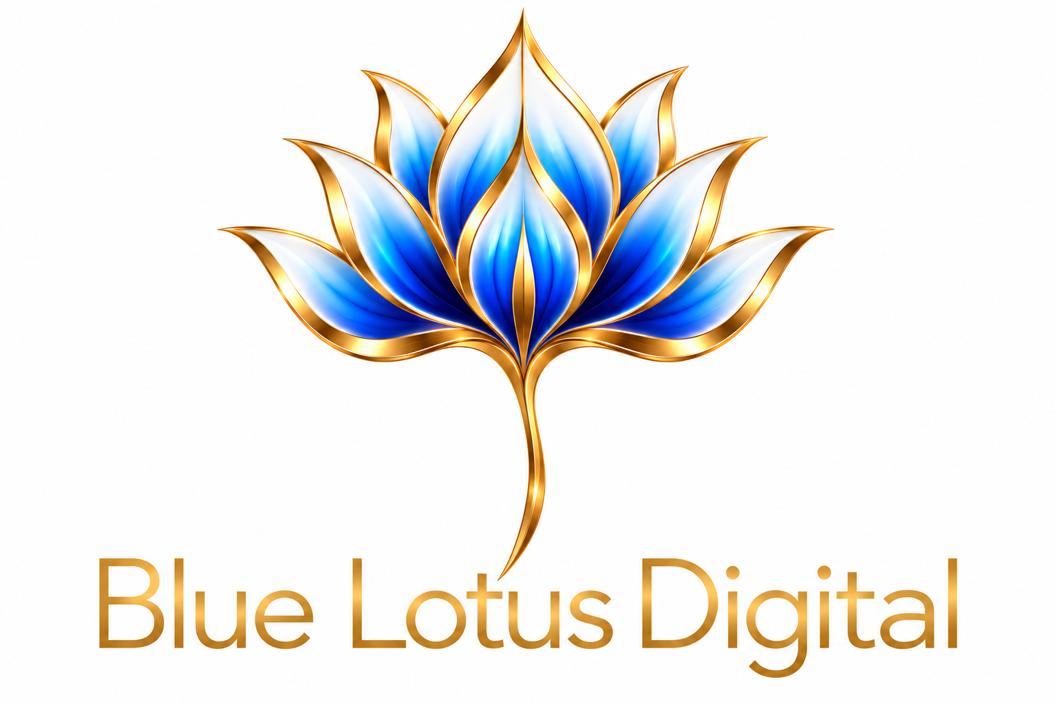 Blue Lotus Digital — cobalt-blue lotus with gold detailing and gold wordmark